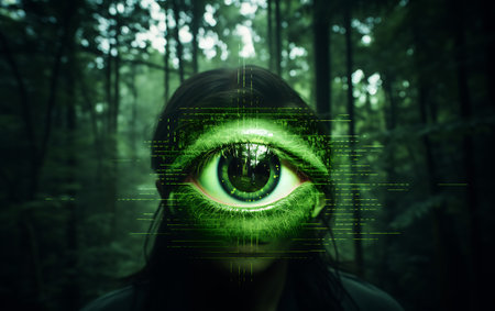 Close up of woman with green eye looking at camera with digital codeの素材