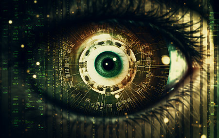 Close up of human eye with digital binary code. 3D renderingの素材