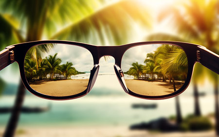Sunglasses with reflection of palm trees and sea on the beach.の素材