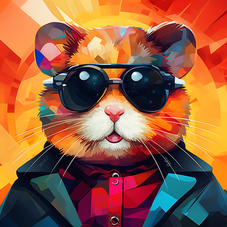 Funny cat in a jacket and sunglasses on a colorful background.の素材