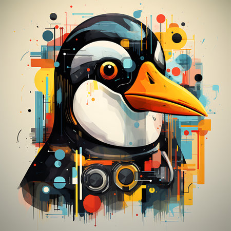 Cute penguin in headphones on abstract background. Vector illustration.の素材