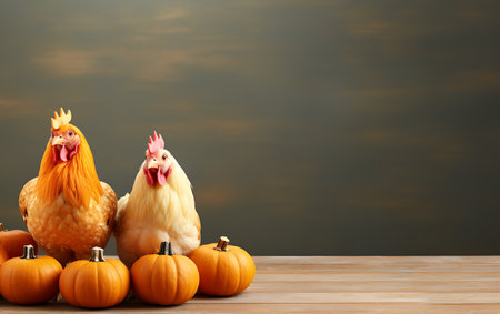 Chicken and pumpkins on wooden table against dark background. Space for textの素材