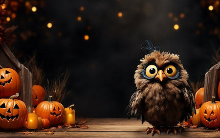 Halloween background with owl and pumpkins on wooden table. Copy-spaceの素材