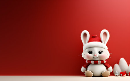 3d rendering of a cute white rabbit with red christmas backgroundの素材