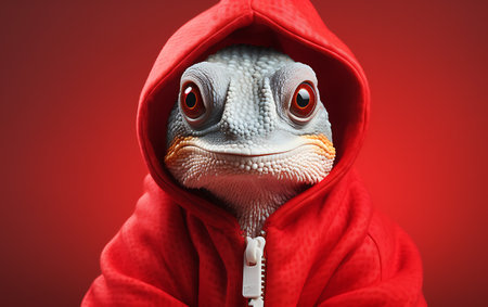 Portrait of a funny animal in a hood on a red backgroundの素材