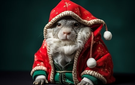 Cute pet guinea pig in Santa Claus clothes on green background.の素材