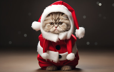 Cute cat wearing santa claus clothes on dark background.の素材
