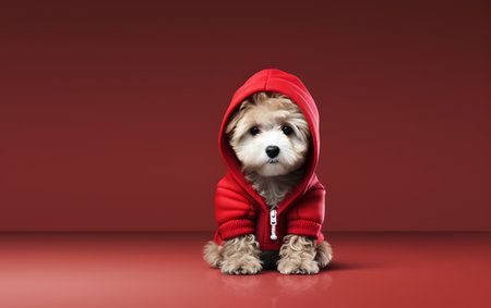Cute dog in a red hoodie on a red background.の素材