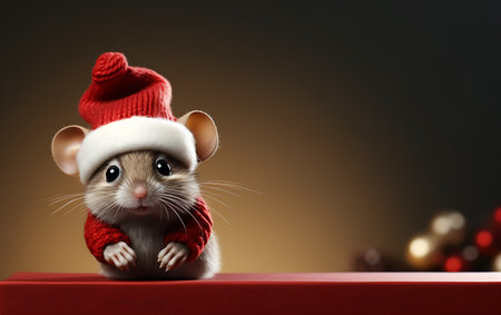 Cute little rat in Santa Claus hat and scarf on red backgroundの素材