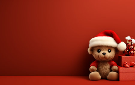 Teddy bear with christmas gift on red background. 3d renderingの素材