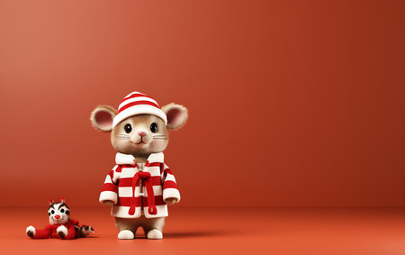 cute mouse in christmas costume on red background with copy spaceの素材