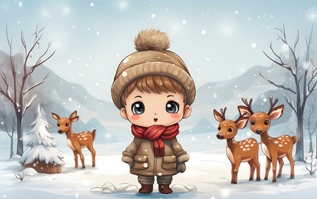 Cute boy in winter forest with deers and snowfall illustrationの素材