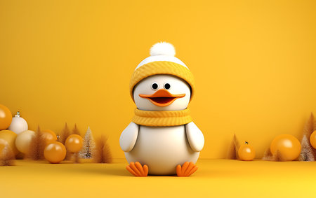 Penguin in a hat and scarf on a yellow background. 3d rendering.の素材