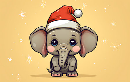 Cute Cartoon Elephant with Santa Claus Hat. Vector Illustration.の素材