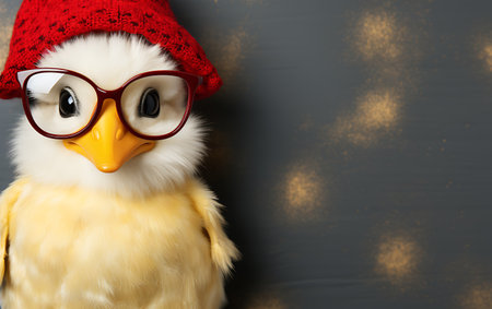 Cute owl in red hat and glasses on dark background, closeupの素材