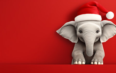 Funny elephant with santa hat on red background. Christmas conceptの素材