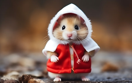 Cute little hamster in a red coat on a wooden backgroundの素材
