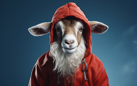 Portrait of a goat in a red jacket on a blue backgroundの素材