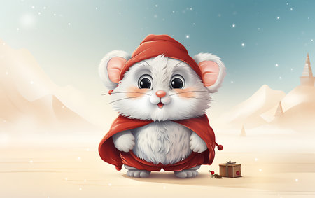 Cute rat in Santa Claus hat with gift box on winter backgroundの素材