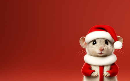 Cute rat in Santa Claus costume on red background. Christmas and New Year concept.の素材
