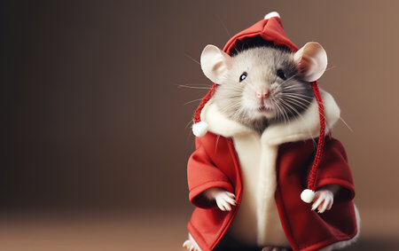 Christmas rat in a red coat and hat on a brown background.の素材