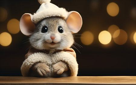 Cute little mouse in Christmas hat on wooden table against blurred lightsの素材