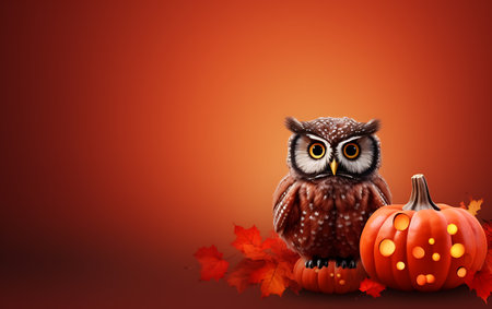 Halloween background with owls and pumpkins. 3d illustration.の素材