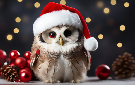 Owl in Santa Claus hat with Christmas decorations on a dark backgroundの素材