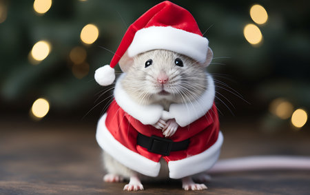 Cute rat in Santa Claus clothes on the background of a Christmas treeの素材