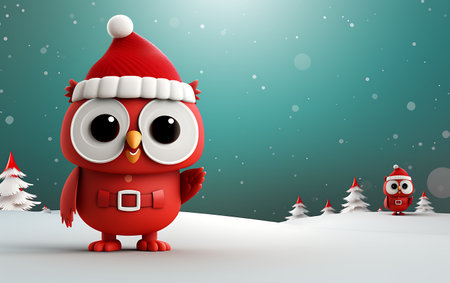 cute christmas owl with santa hat in snow 3d renderの素材