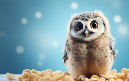 Cute owl sitting on a pile of peanuts on blue background.の素材