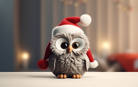 Cute owl in Santa Claus hat sitting on the table. 3D renderingの素材