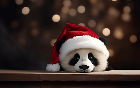 panda bear in red christmas hat sitting on wooden table with bokeh backgroundの素材