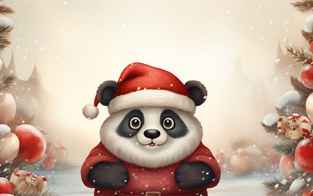 Cute panda bear in red santa claus costume with christmas tree background.の素材