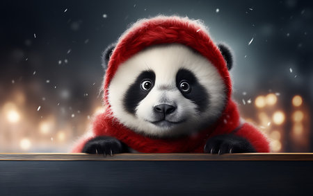 cute panda in red santa hat sitting on wooden tableの素材