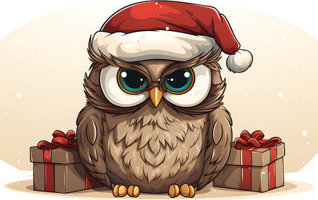 Owl in christmas hat with gift boxes. Vector illustration.の素材