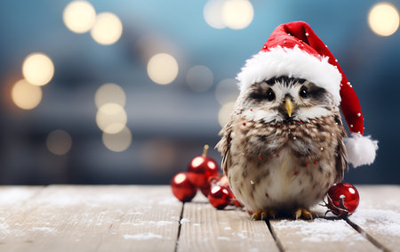 Christmas greeting card with cute owl in santa hat on bokeh backgroundの素材