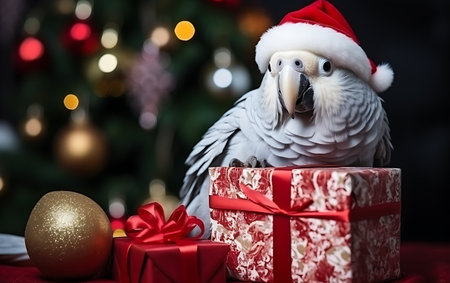 White parrot in Santa Claus hat with Christmas gifts and Christmas tree on backgroundの素材