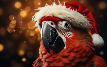 Red macaw parrot with Santa Claus hat on bokeh backgroundの素材
