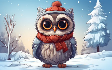Cute cartoon owl in a red hat and scarf stands in the winter forest.の素材