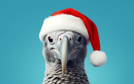 Portrait of a gray parrot in a Santa Claus hat on a blue backgroundの素材