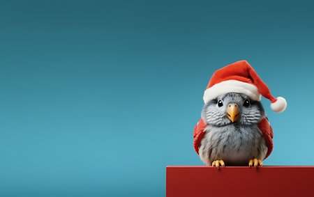 cute christmas owl sitting on a red box with space for textの素材
