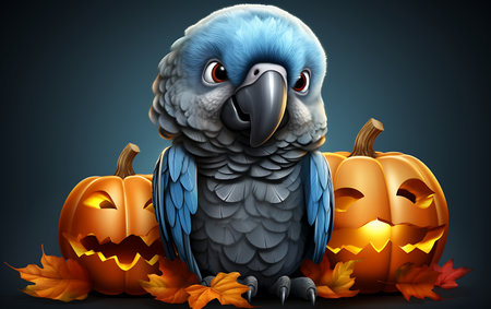 cartoon parrot with halloween pumpkins on dark backgroundの素材