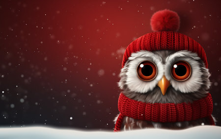 Winter owl with red hat and scarf on snowy background. 3D illustration.の素材