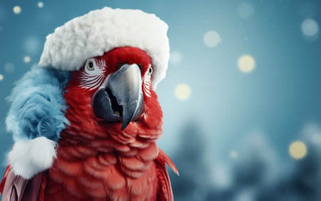 Red parrot in Santa Claus hat on winter background. 3d renderingの素材