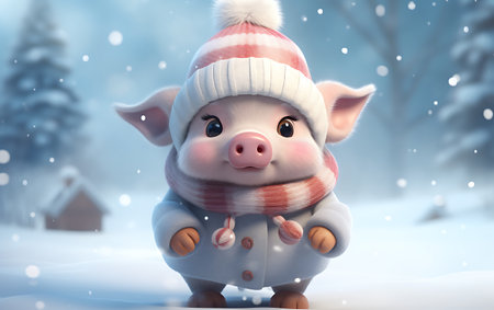 Christmas and New Year background. Cute pig in winter forest.の素材