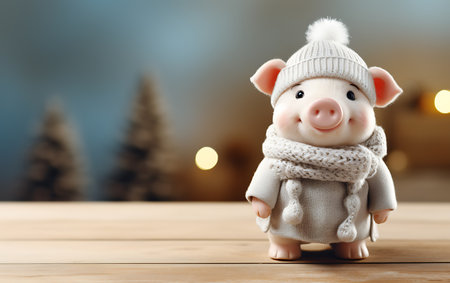 Christmas and New Year concept. Cute pig in knitted hat and scarf on wooden tableの素材