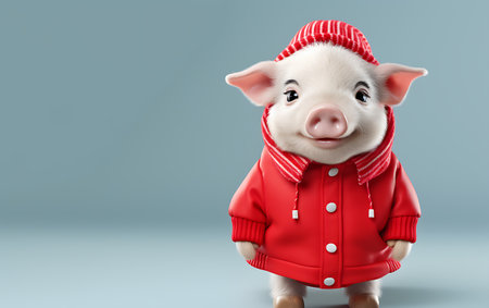 Cute little pig in a red jacket on a blue background.の素材
