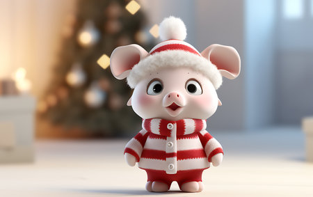 Cute little pig in Santa Claus clothes on the background of the Christmas treeの素材