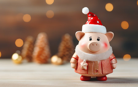 Christmas greeting card. Cute piggy in Santa Claus clothes on bokeh background.の素材